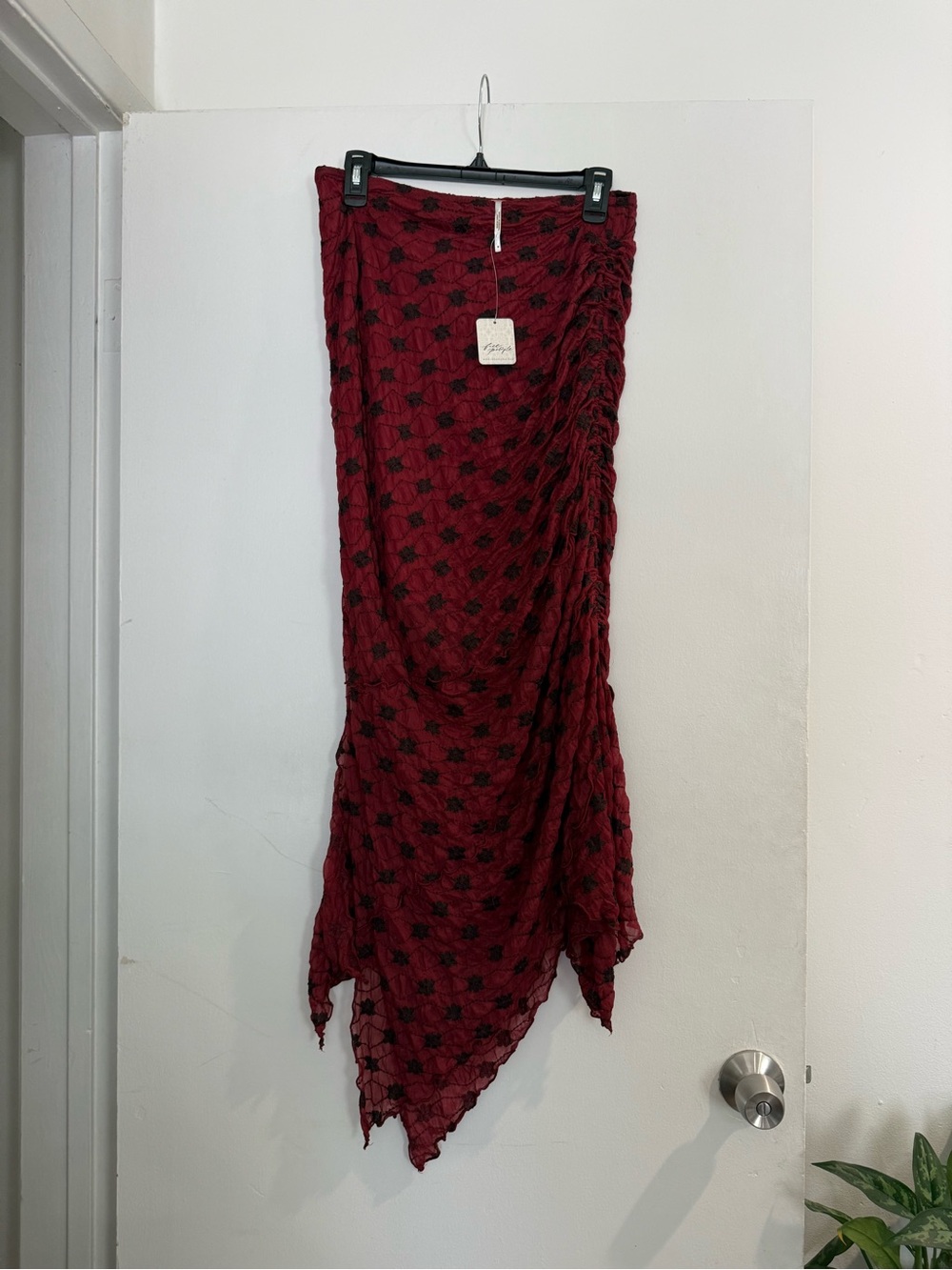 Anthropologie Burgundy Skirt with Black Star Pattern and Asymmetrical Hem